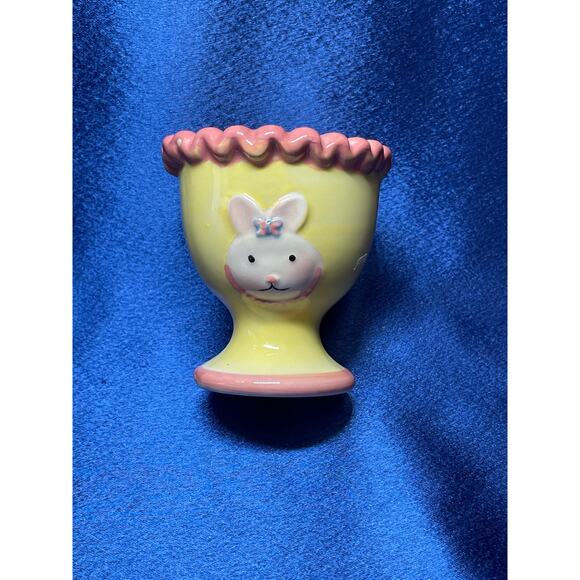 Porcelain Yellow and Pink Bunny with Ribbon Egg Cup WCL - Picture 1 of 6